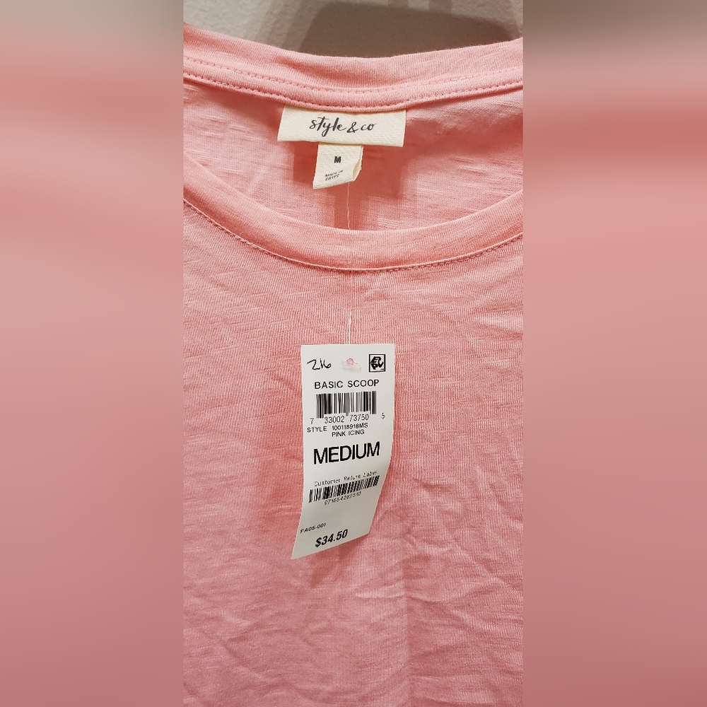 STYLE & CO LIGHT PINK HEATHERED SCOOP NECK 3/4 LENGTH SLEEVE BASIC COTTON TEE - Picture 3 of 7